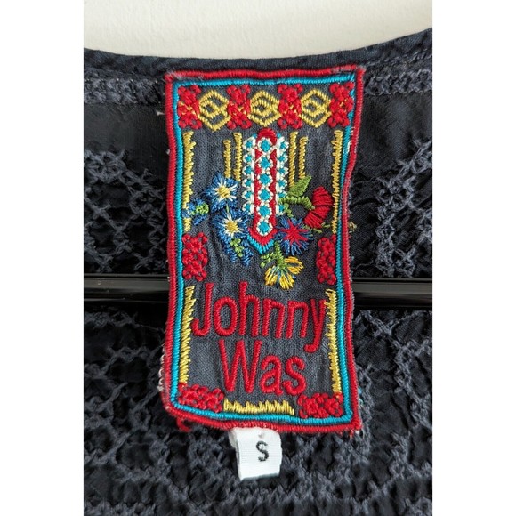 Johnny Was Natt Tie-Neck Georgette Tunic Women's Size Small Navy Blue Lace Top - Picture 2 of 6